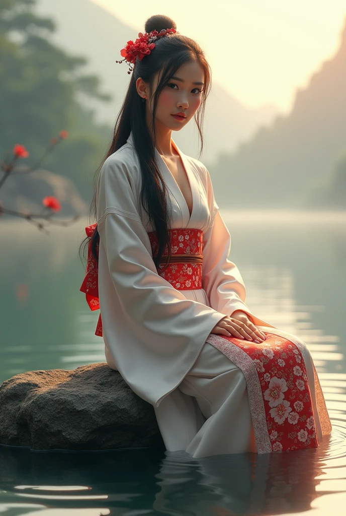 an illustration of an Asian woman in a white kimono decorated with a red pattern with long dark auburn hair and black eyes, she is sitting on a rock in the middle of the water with her feet in the water, she is looking at the camera with a intensity of love, Asian mountainous and foggy landscape background, semi-realistic manga style, it's dawn, created with Unreal Engine 5 for graphics, rendering depth and mist highlighted by Nikon d7500, use of Nvidia graphics performance