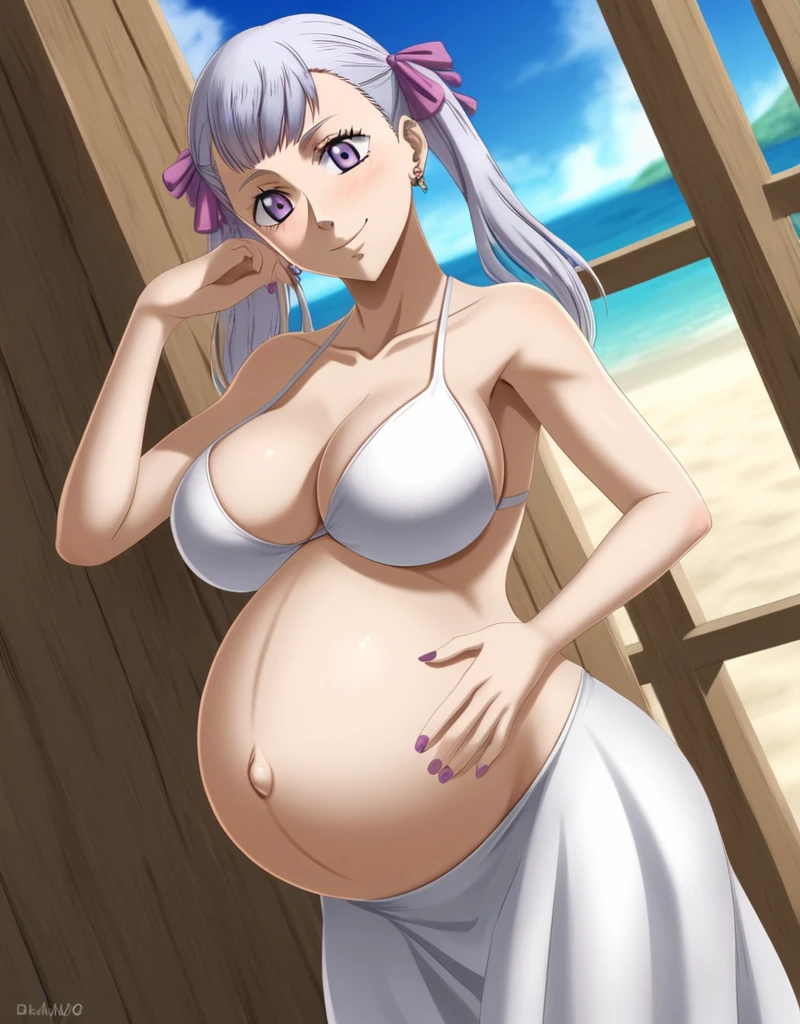 noelle_blackclover, Noelle Silva, Black Clover, long silver hair, waist-length hair, half-up half-down hairstyle, ribbon, side-parted bangs, almond-shaped blue eyes, high-quality, ultra-detailed, beast quality, 8K resolution,
looking at viewer, dutch angle, cowboy shot, smile, pregnant belly, large belly, big belly, big Breasts, belly button, Earrings,
1girl,solo, indoors, beach, happy, Smiling, rub belly,
full body, Nail polish,