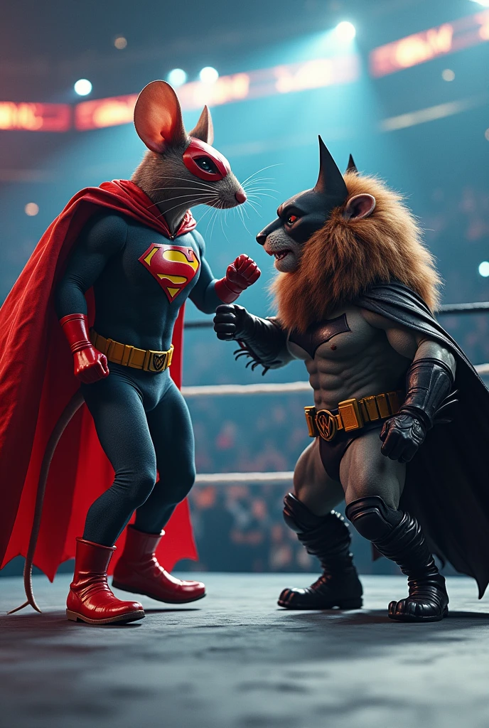 Rat vs lion fight wwe ring and rat super hero costume and lion batman costume