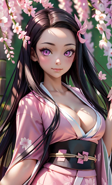 masterpiece, (pink kimono), seductive face, good lighting, décolleté, fine details, masterpiece, glowing eyes, 1girl, black hair, gag, bamboo, Nezuko Kamado, wisteria background, masterpiece, best quality, POV, whole body, wide hips,