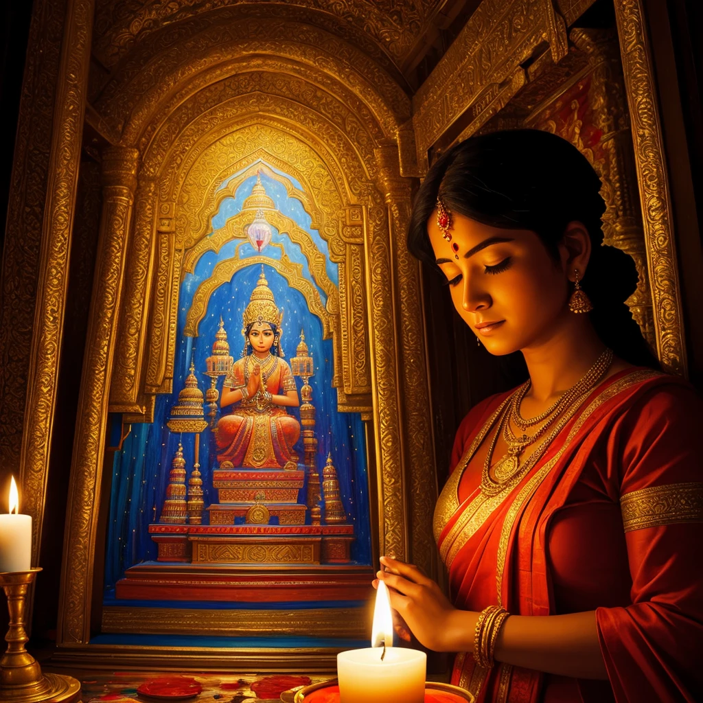 create a painting canvas with visible paint strokes. This portrait must contain a temple, the inside of a Hindu prayer temple, rich in detail, with a woman in the background praying, holding a lit candle.