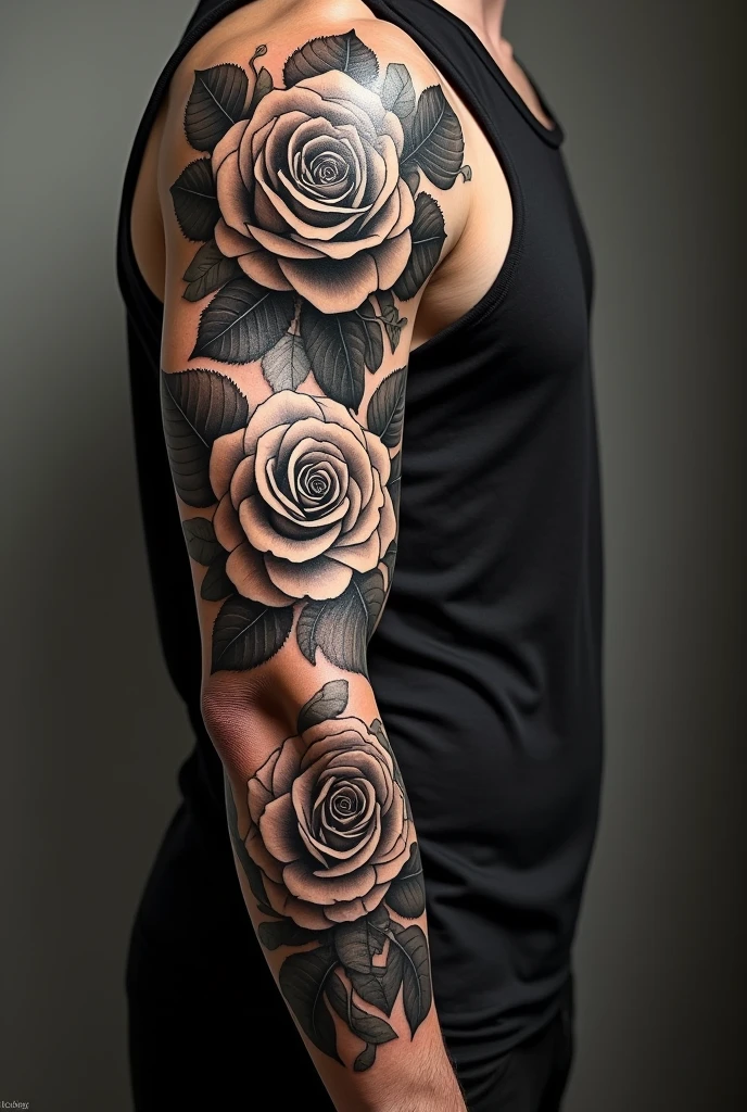Imagine an arm tattooed with big black and white roses and another tattoo on the bicep so that it looks harmonious.