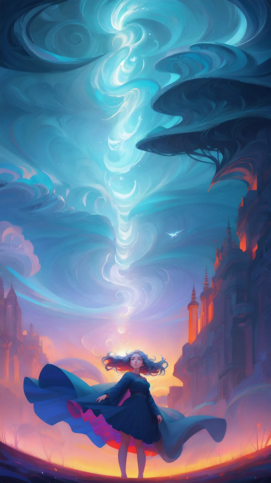 a beautiful girl reaching for a coin in the sky, looks worried and is being shaken up, symbolizing someone who is easily scared out of their investments. inspired by Cyril Rolando, dan mumford and alex grey style, in style of cyril rolando, bitcoin evil, fractal thunder dan mumford, personification of greed, by Cyril Rolando, greek myth digital painting, in the style dan mumford artwork, godrays digital painting background blue