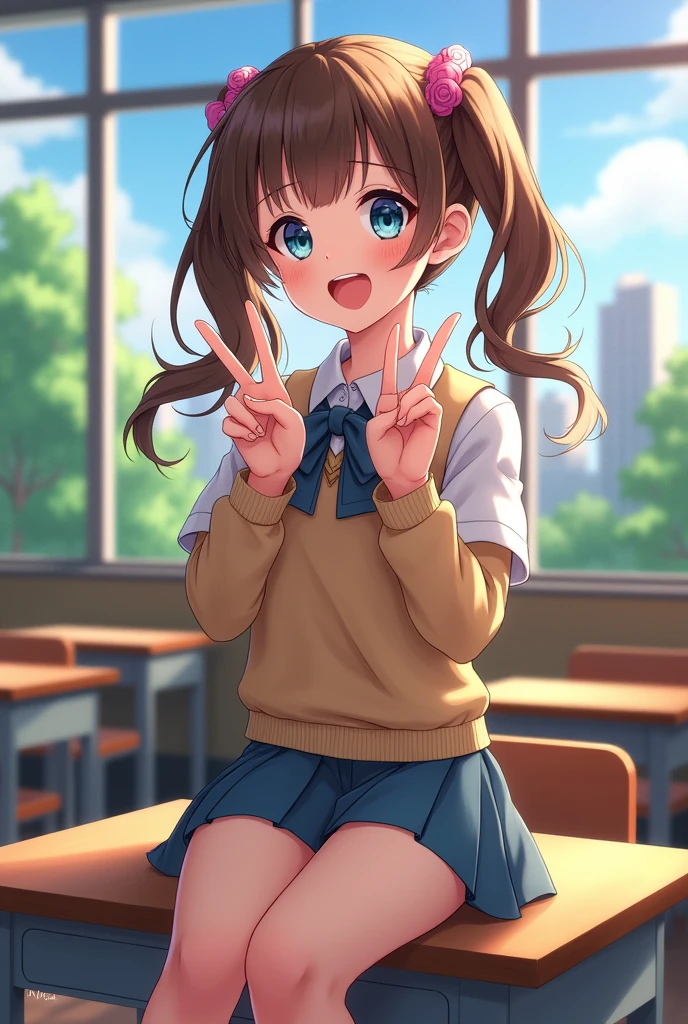 masterpiece, pigtails girl, flat pony, brown hair, blue eyes, school, classroom, sit on the desk, classroom with desk and chair, window with building and trees, best angle, v peace hand pose, open mouth smile, cute pose, best pose, amazing angle