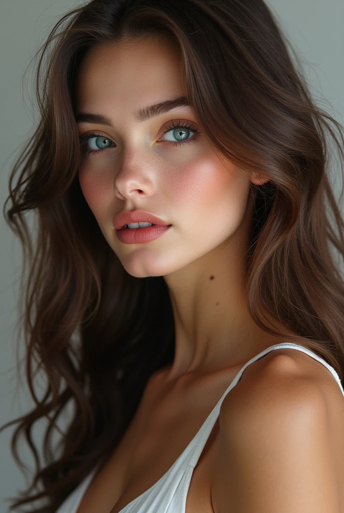 (Rating with mild familiarity: Mimosa Vela and Mario Giacomelli.:1.2), portrait, upper body, group plan, Imagine an ideal tall girl with brown hair cascading over her shoulders. European appearance, her blue eyes sparkle, attracting attention and creating an atmosphere of mystery. Pronounced cheekbones give her face confidence and style, and plump lips are clearly inviting. She exudes elegance and grace in every movement, and her style of dress is always modern and chic. This girl is the epitome of beauty, confidence and charm., a rare woman, look at me