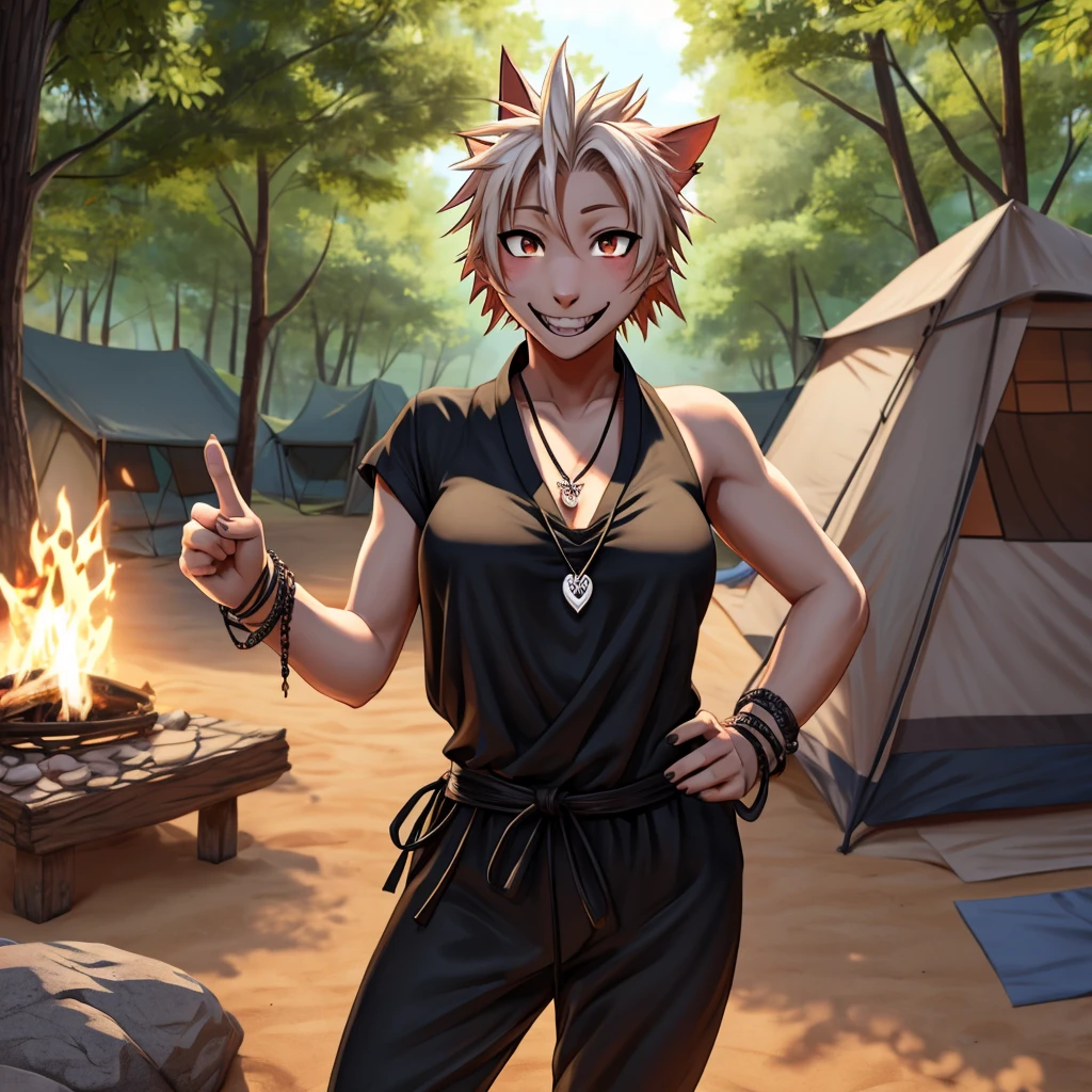 Hanami (Jujutsu kaisen), Sexy pose, Breasts, camp, 8k art, digital art, smiling, Standing, excited, Feminine focus, Black T-shirt, Looking at the viewer, he points to peace in one hand, black pants, Bracelets, pendants