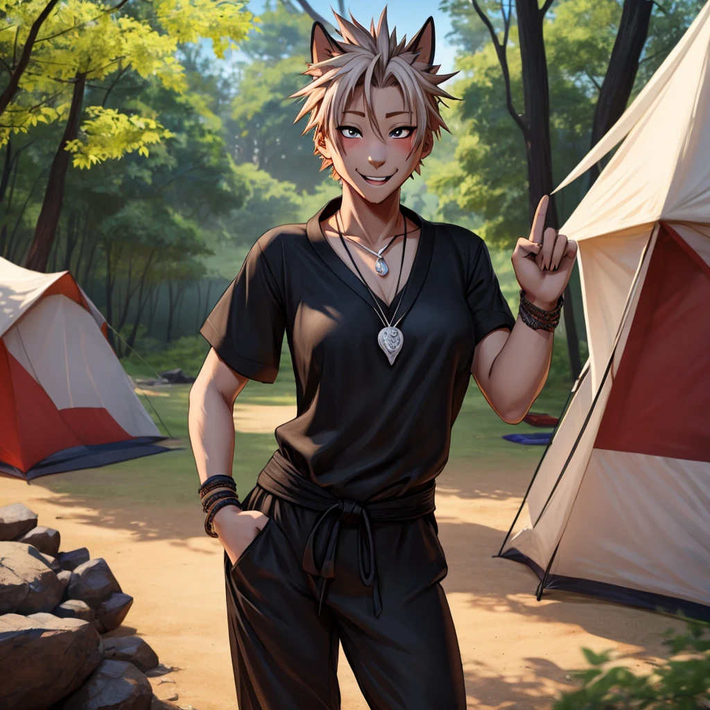 Hanami (Jujutsu kaisen), Sexy pose, Breasts, camp, 8k art, digital art, smiling, Standing, excited, Feminine focus, Black T-shirt, Looking at the viewer, he points to peace in one hand, black pants, Bracelets, pendants