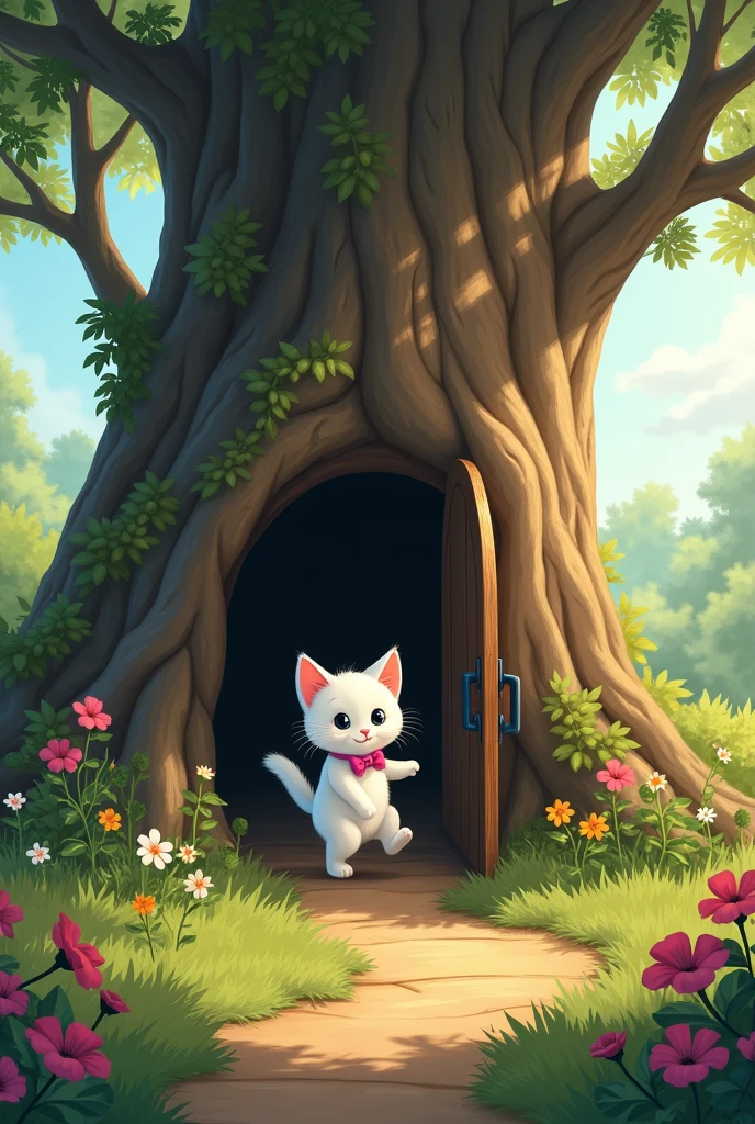 Whiskers, the curious white kitten with a pink bow, is exploring the garden on a sunny afternoon. As he wanders through the flowers, he notices a small, hidden door at the base of an old oak tree—something he has never seen before. Excited and intrigued, Whiskers pushes the door open with his tiny paw and steps into a new, mysterious world. The scene is filled with anticipation as Whiskers' curiosity leads him to the beginning of a grand adventure.