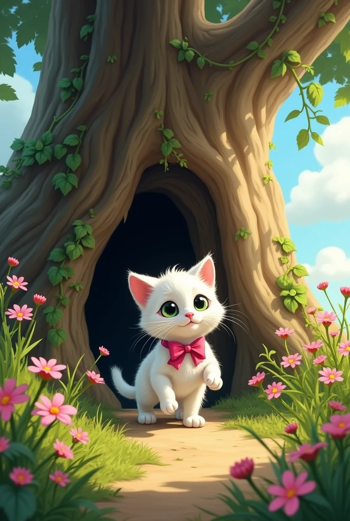 Whiskers, the curious white kitten with a pink bow, is exploring the garden on a sunny afternoon. As he wanders through the flowers, he notices a small, hidden door at the base of an old oak tree—something he has never seen before. Excited and intrigued, Whiskers pushes the door open with his tiny paw and steps into a new, mysterious world. The scene is filled with anticipation as Whiskers' curiosity leads him to the beginning of a grand adventure.