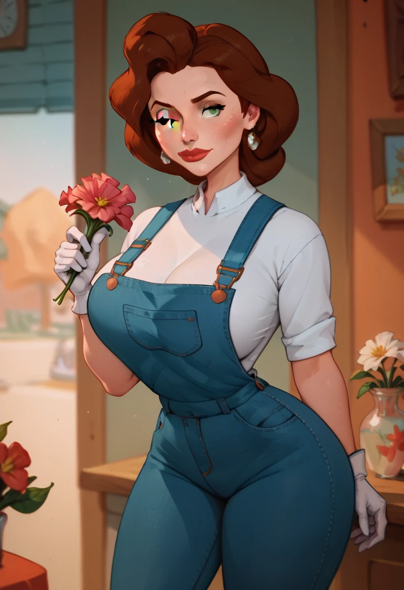 Annie Hughes Mom, mature woman, Caucasian, pale skin, wide hips, thick thighs, large bust, huge breasts, reddish hair, green eyes, build, earrings, white gloves, wink, blue jean overalls, white shirt, tight clothing, holding some flowers,