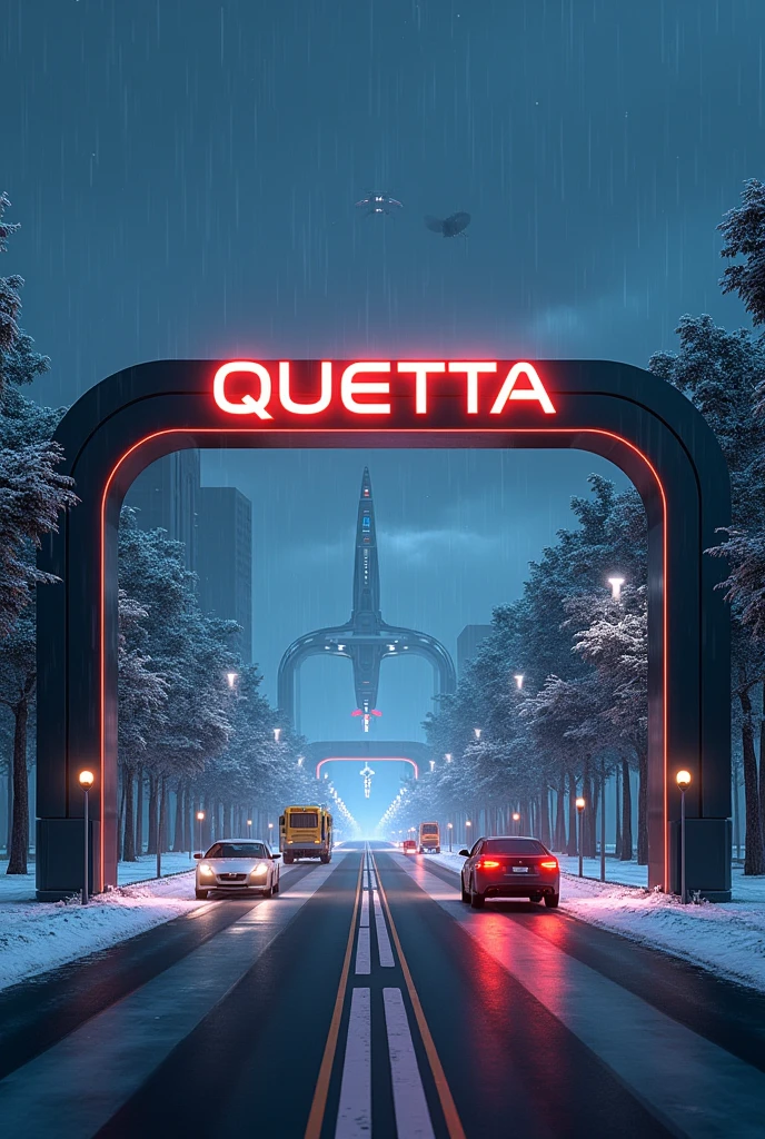 welcome to “Quetta ” written on top of entrance,with double entrance road ,trian in underground in centre of road space ship in sky ,trees on both side of road,futuristic,realistic sky,cars on roads and 4k results .night view with full lights with snow fall