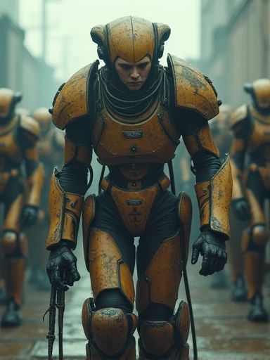 (Masterpiece.UHD.photorealistic analog photography. 1950 style. Full body shot). In a dystopian retro futuristic world. inside a 3 meter tall exo skeleton armor, a tired warrior. His face shows emotions such as fatigue, sadness and fear. Wires, tubes, diesel punk. Smoke. Steam. surrounded by 1930 clunky evil war robots. early evening light.