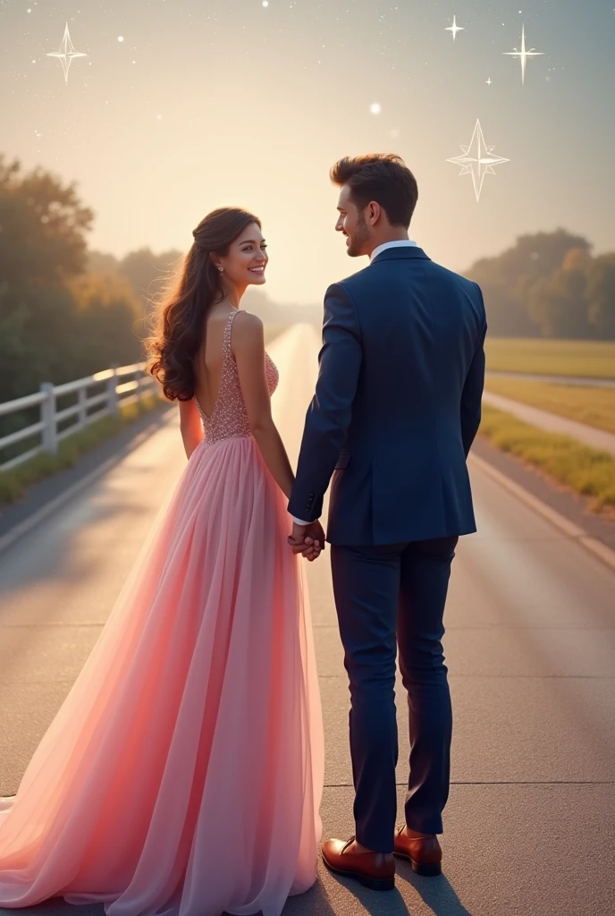 A real life beautiful woman on a beautiful pink gown with her male partner on a navy blue attire, smiling on a long road alone holding hands together, holding a skin care lotion bottle, smiling and happy, with a subtle background of stars or a compass, symbolizing their journey together being guided by destiny