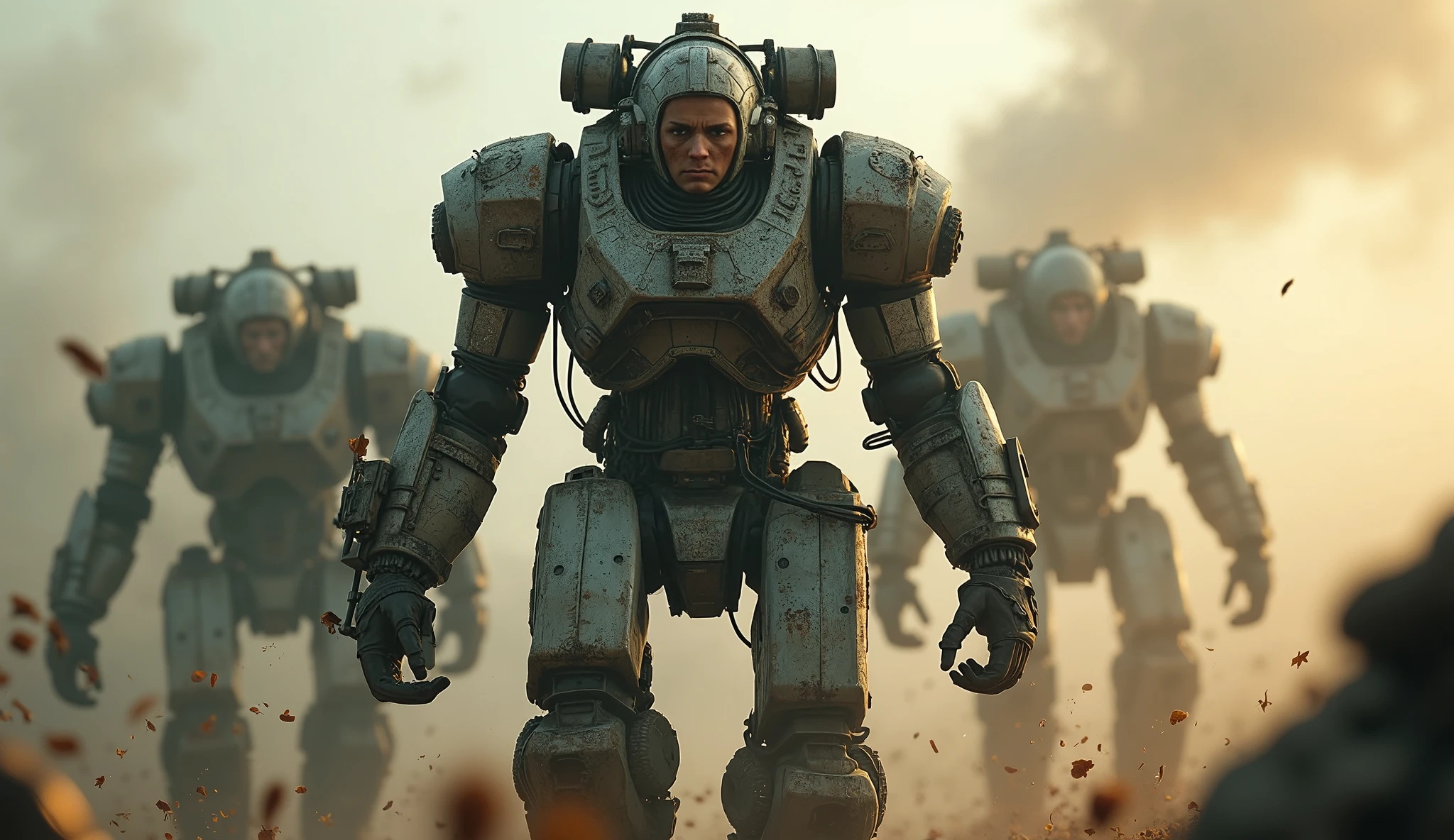 (Masterpiece.UHD.photorealistic analog photography. 1950 style) In a dystopian retro futuristic world. a tired warrior.he is inside a 3 meter tall exo skeleton armor. Wires, tubes, diesel punk. Smoke. Steam.surrounded by 1930 clunky evil war robots. early evening light.