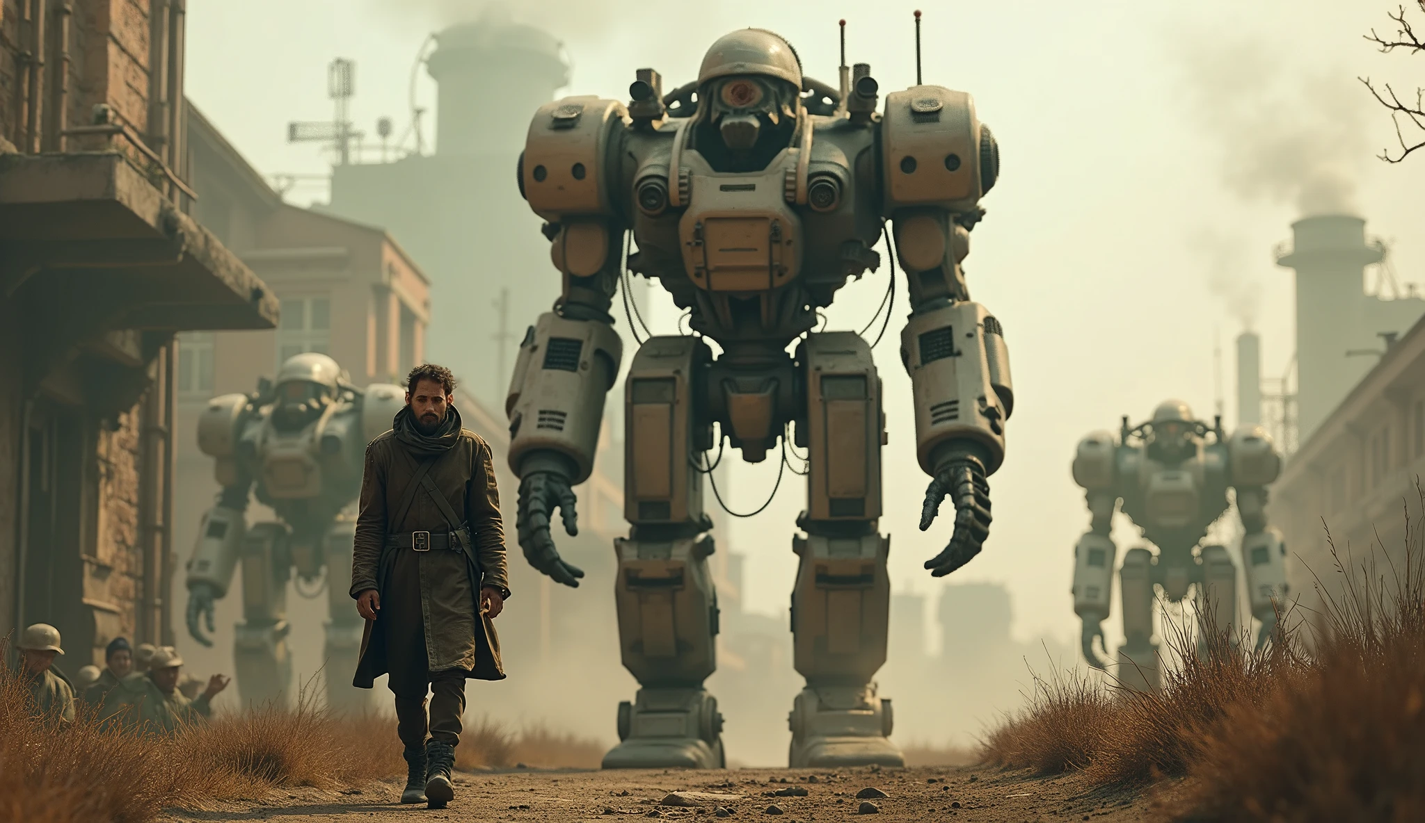 (Masterpiece.UHD.photorealistic analog photography. 1950 style) In a dystopian retro futuristic world. a tired warrior.he is inside a 3 meter tall exo skeleton armor. Wires, tubes, diesel punk. Smoke. Steam.surrounded by 1930 clunky evil war robots. early evening light.