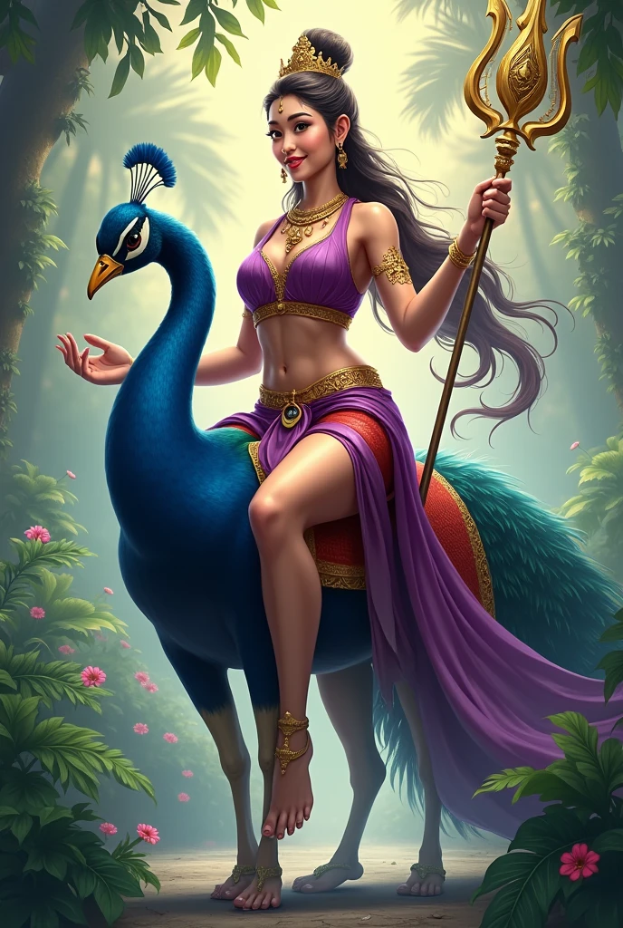 Nang Songkran wears a purple sash and a red sarong, she has a trident and a wheel, and rides a peacock.