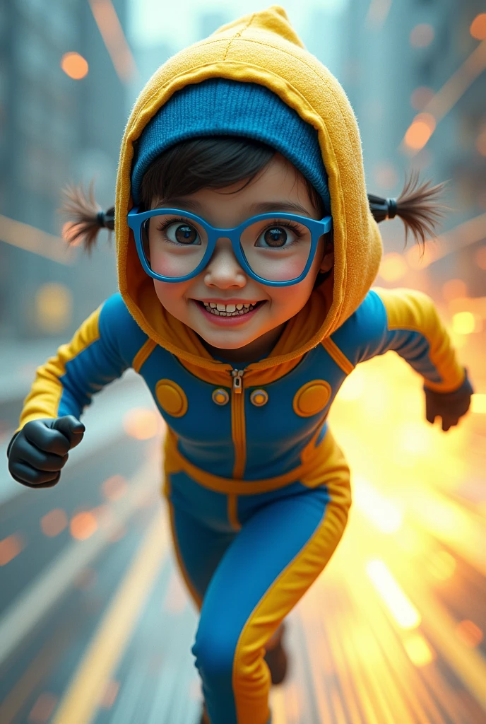 Chinese girl average  wear jumpa shuit high tech(( blue yellow)). Running effect. Glowing yellow power. Runfast effect. Wear blue big glasses big frame. Braces teeth. Boleh background. Panning effect.wear yellow blue small snowcap turban head cover .