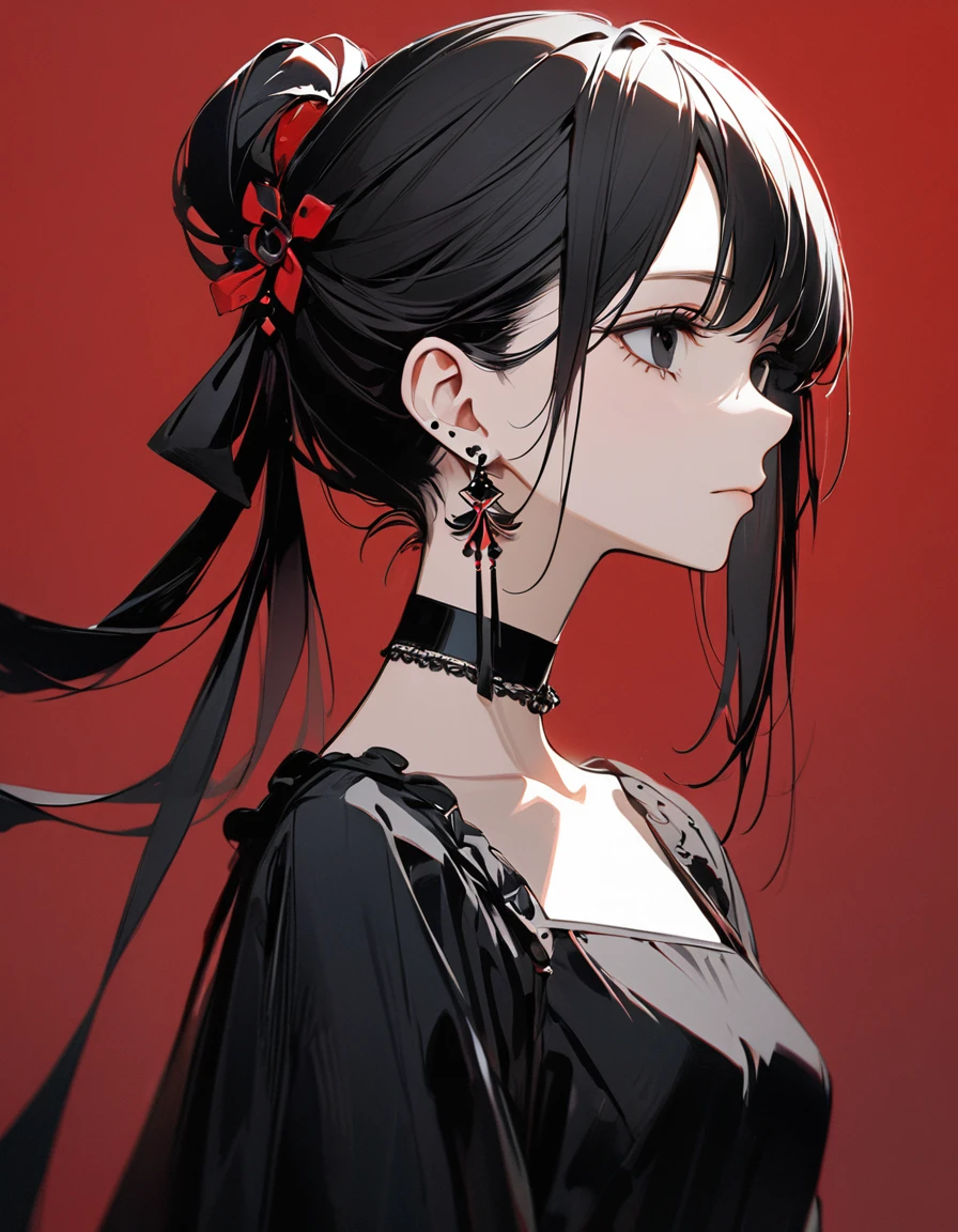 best quality, beautiful, hair tie, 8K, expressionless, side body, head tilt look view, black eyes, slim, dress, earrings, choker, concept, red background