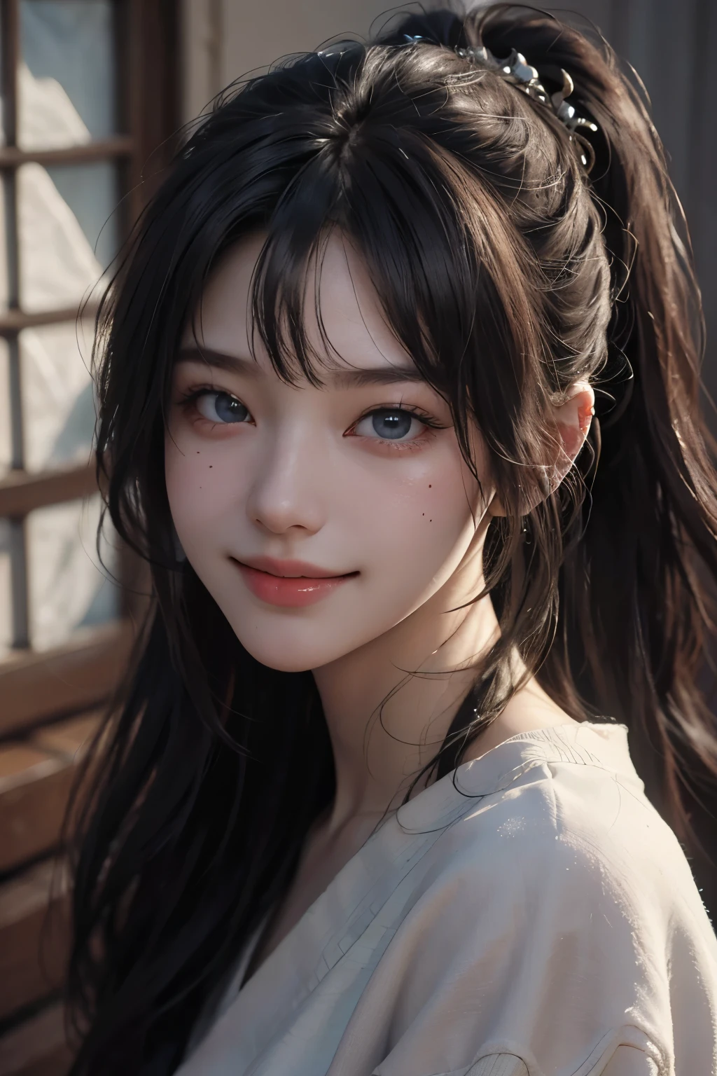 Best Quality, masutepiece, 超A high resolution, (Photorealistic:1.4), Raw photo, 1girl in, kｰpop idol, Long hair ponytail, Indoor, Summer noon,Detailed eyes,(realisticeyes),delicated face,realskin,detailed hairs,Detailed skin,Beautiful face,Smiling、((Beautiful hair ornament))、