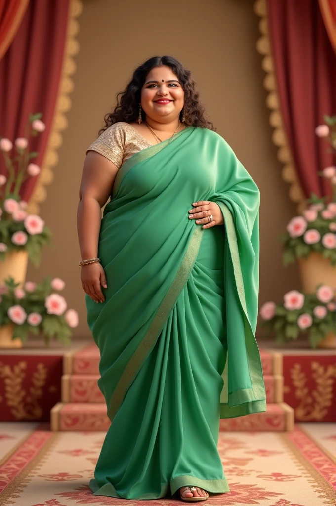 A chubby girl standing in a wedding stage wearing green chiffon saree with a gentle smile