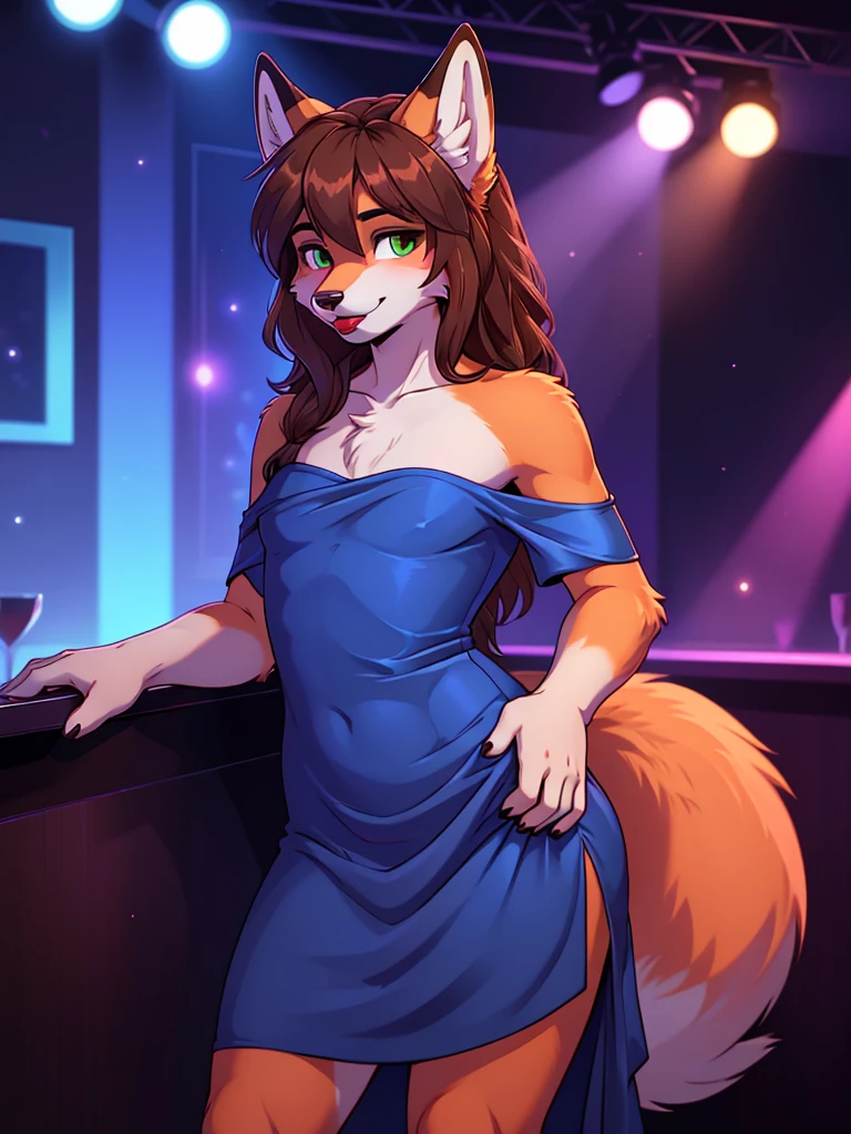 Best quality, furry male fox with green eyes, with brown long hair, with black spout, with red lipstick on lips, big lips, in a blue dress, crossdressing,  shy, off-the-shoulder dress, flirts, sexy pose, portrait, against the backdrop of an empty nightclub