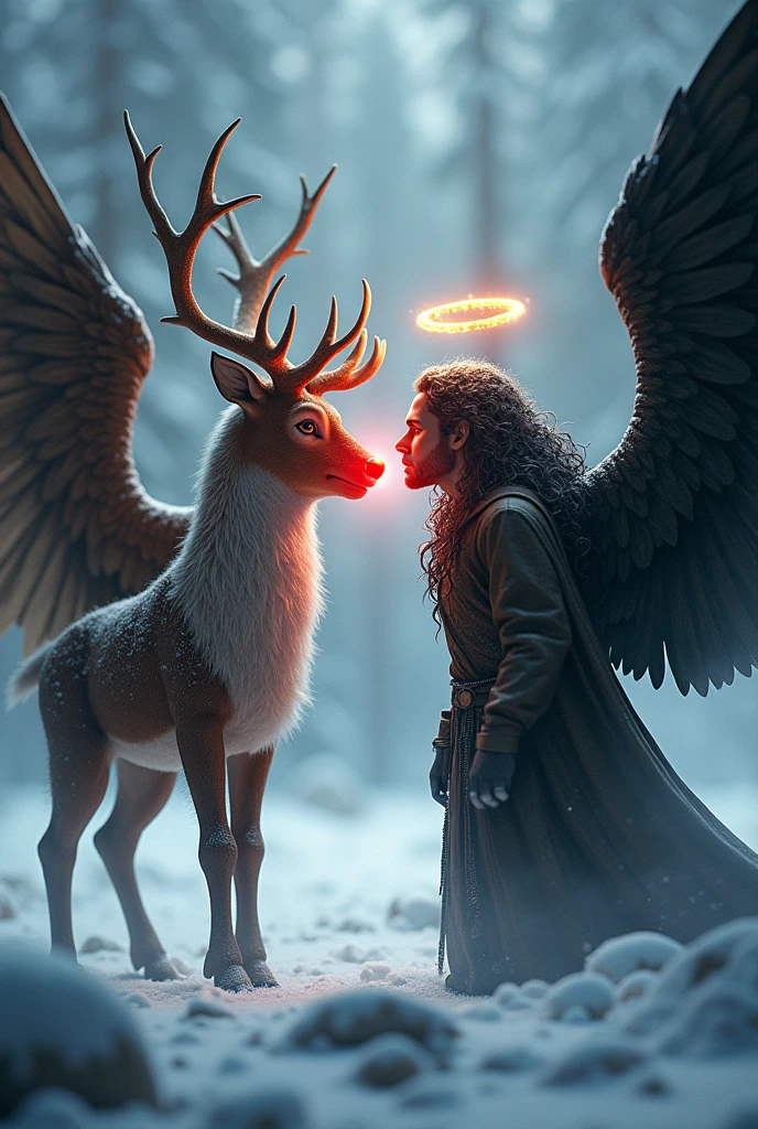 Rudolph north pole and teen rebel Lucifer morningstar dark long curly hair gold halo black wings 