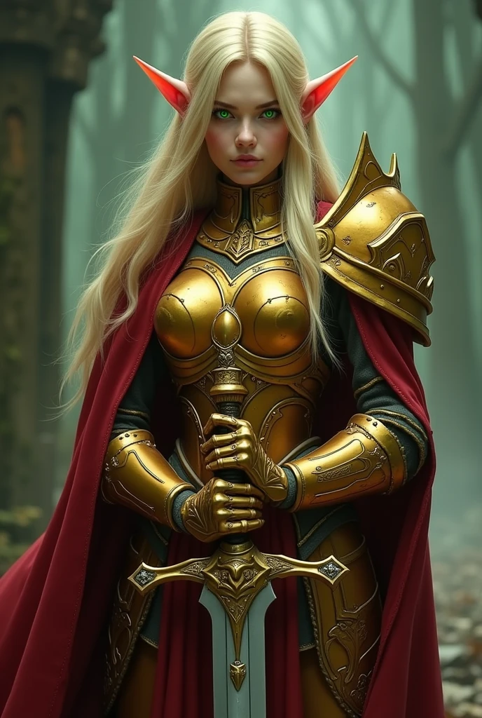 Game theme World of Warcraft Image of a 32-year-old blonde elf standing holding her favorite sword,blood elf Paladin Wow, Long elf ears, glowing green eyes, golden armor, Golden Pauldrons, Golden skull Pauldron, Gold and Red Chestpiece,golden Gauntlets, Dark red tabard, dramatic tones. A masterpiece with the highest resolution. , Surrealist image type