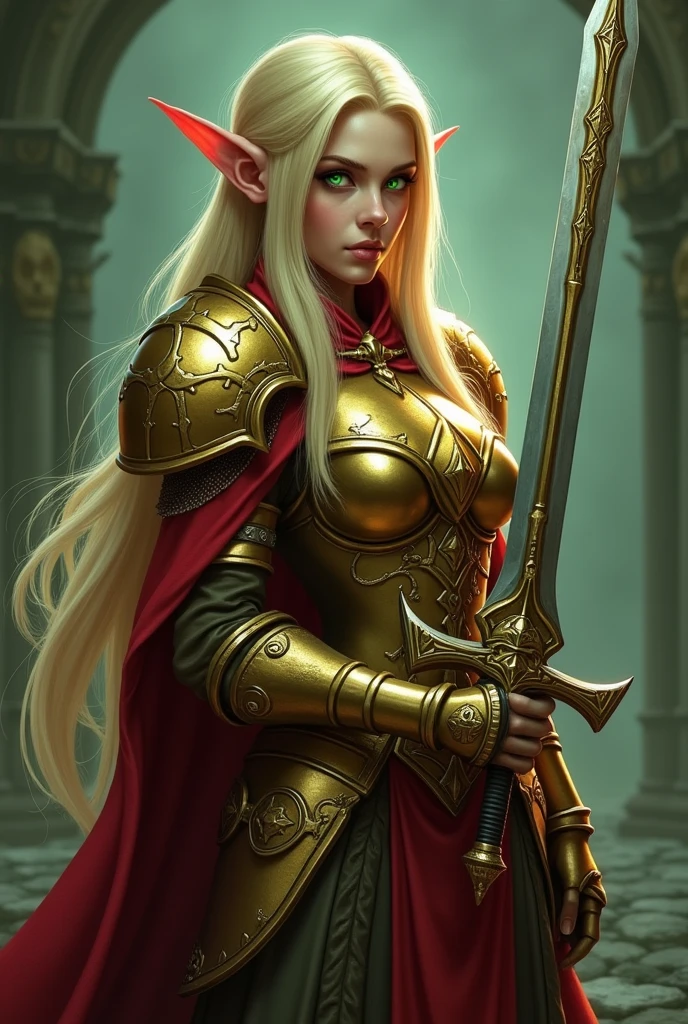 Game theme World of Warcraft Image of a 32-year-old blonde elf standing holding her favorite sword,blood elf Paladin Wow, Long elf ears, glowing green eyes, golden armor, Golden Pauldrons, Golden skull Pauldron, Gold and Red Chestpiece,golden Gauntlets, Dark red tabard,  dramatic tones. A masterpiece with the highest resolution. , Surrealist image type