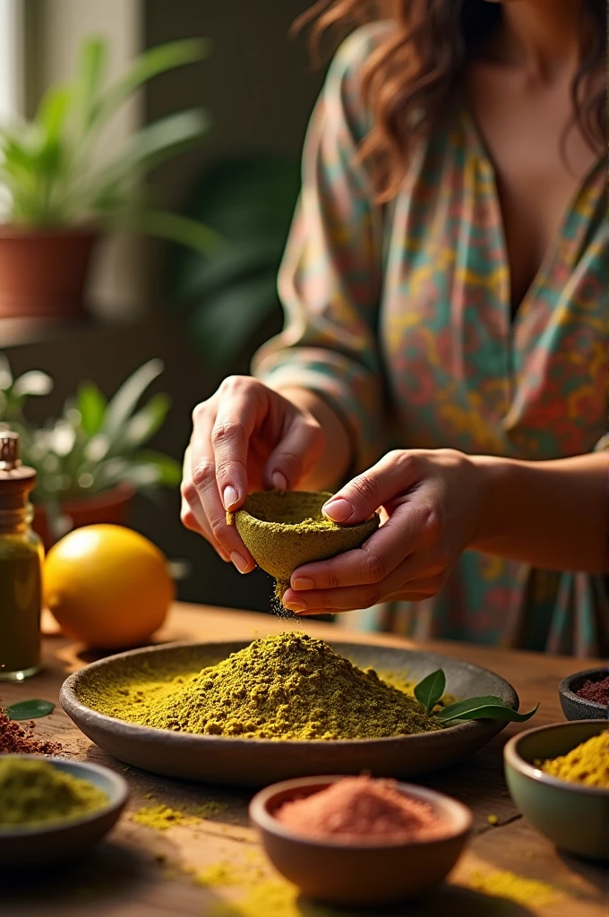 Create a time picture of how to make henna paste with some henna products in it.
