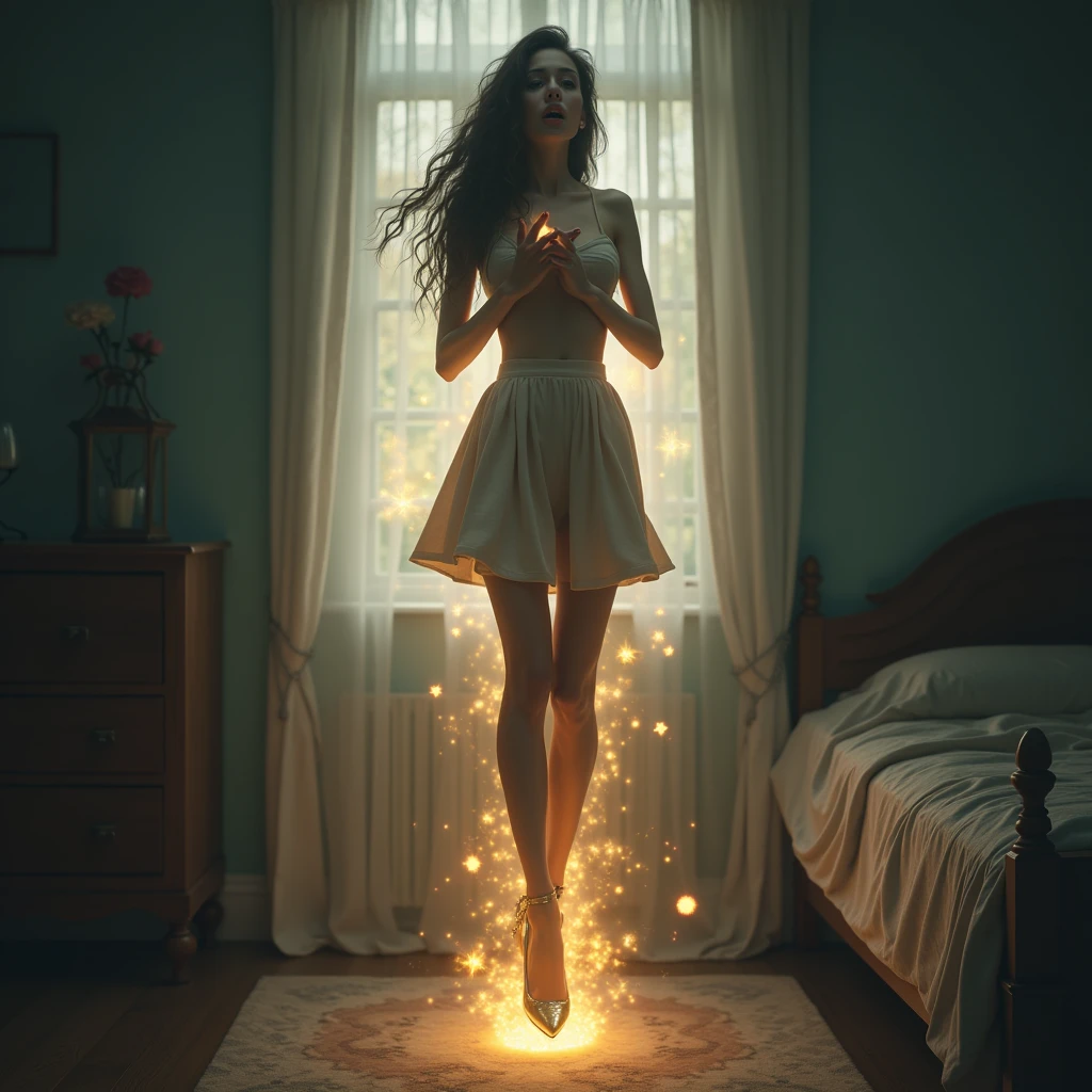 exhausted in tights in a skirt. in the topic. very thin skinny girl. fabulously long thin legs in heels. flies above the ground. in the illuminated bedroom flies. aura of magic around the body glow. face is scared. covers her chest with her hands.