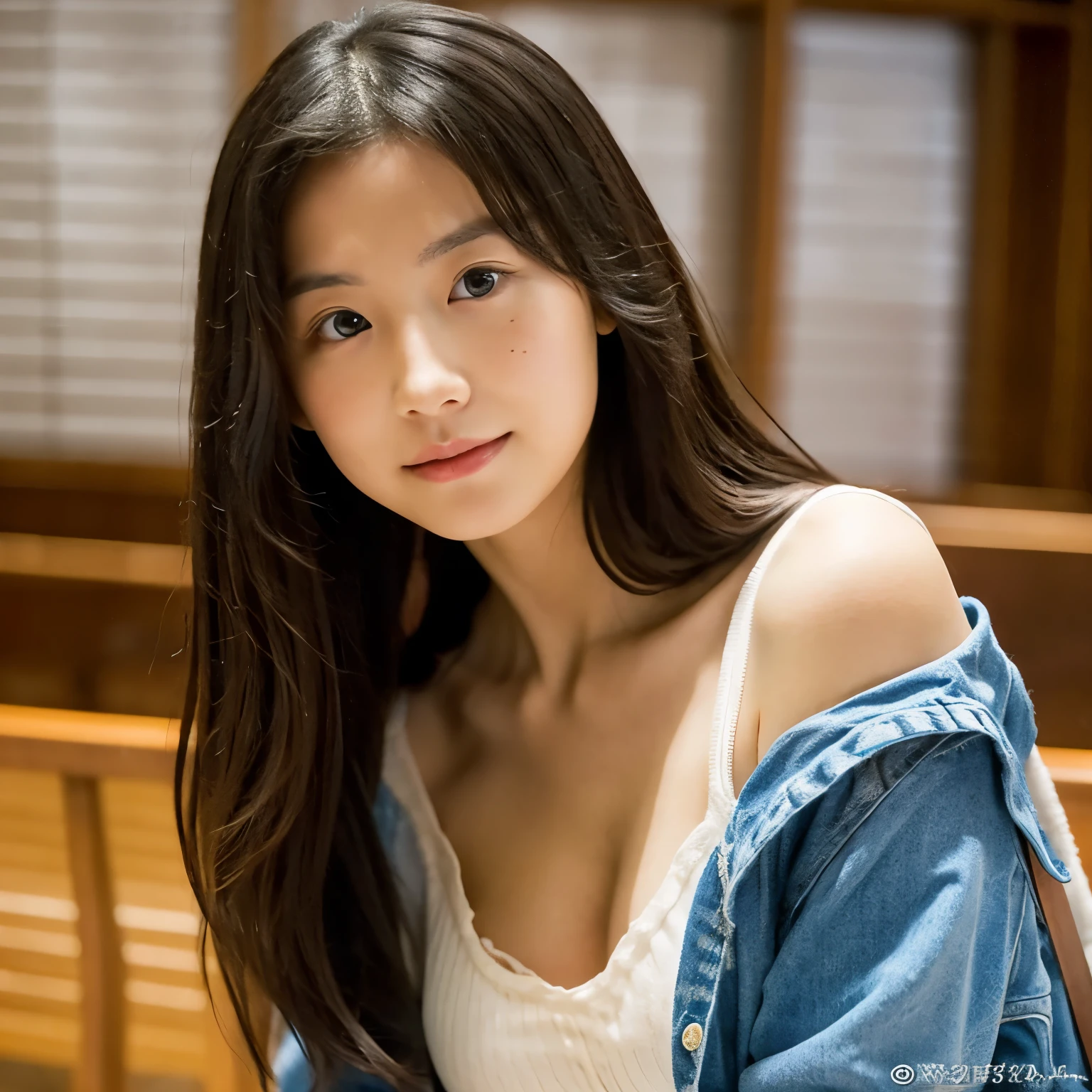 mixed Japanese-Russian beautiful woman stands from the side in a empty univ hall. she looks forward, arms squeezing chest. She is 20. She got a perfect face, freckles, and beautiful eyes. Curly and Soaked long hair. She is naked, deep cleavage. She is thin, her legs are long, and her big chest stretches the fabric. Tomboy vibe. backpack