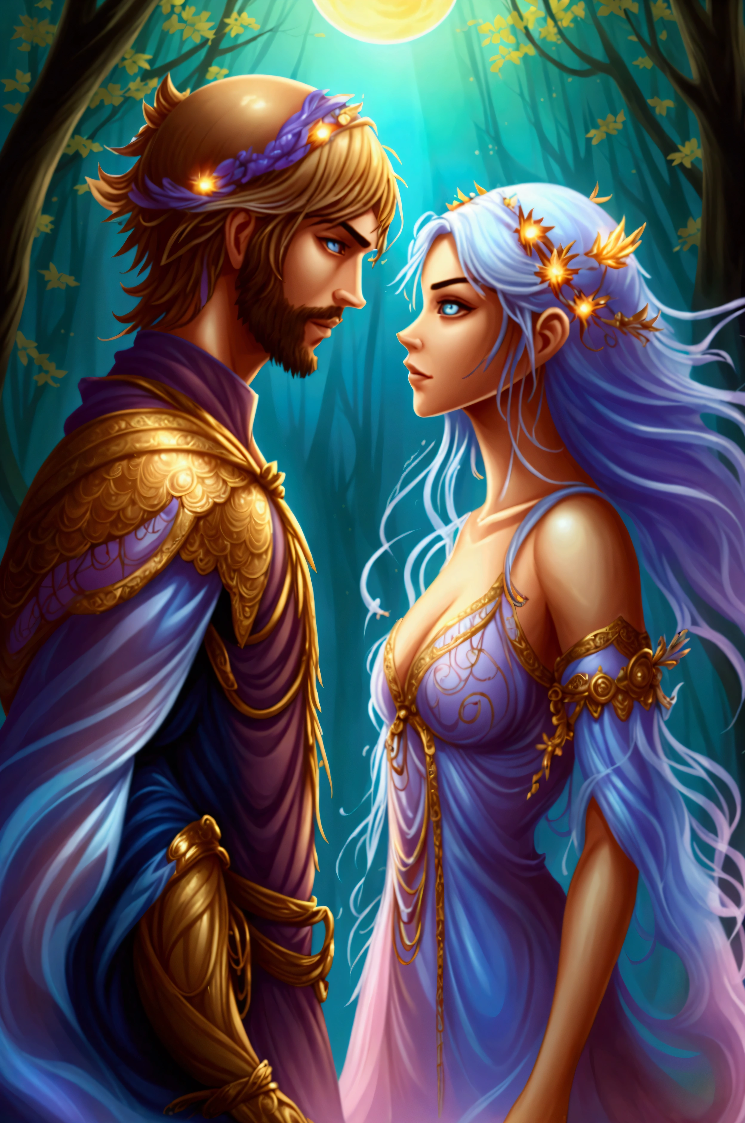 A man wanders into a lush, mystical forest where the air is thick with enchantment. He encounters a beautiful, ethereal being with glowing eyes and flowing, iridescent robes that shimmer in the moonlight. The atmosphere is charged with an otherworldly energy as they draw closer, sharing an intense, magical connection.