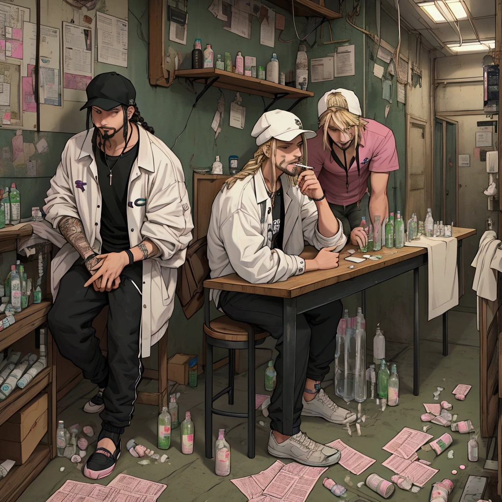 two guys, grunge style, one has short black hair and wears a lacoste cap, no beard, the other one has a long goatee, and long braided blonde hair, under the sholders, with a pink hat. drinking codeine, with boxes of xanax and some pills over a table, a lot of sprite bottles, and bottles of other types of medicine, and lots of drugs and syringes, while they are smoking, With weed on the table, codein bottles, oxycontin pills.