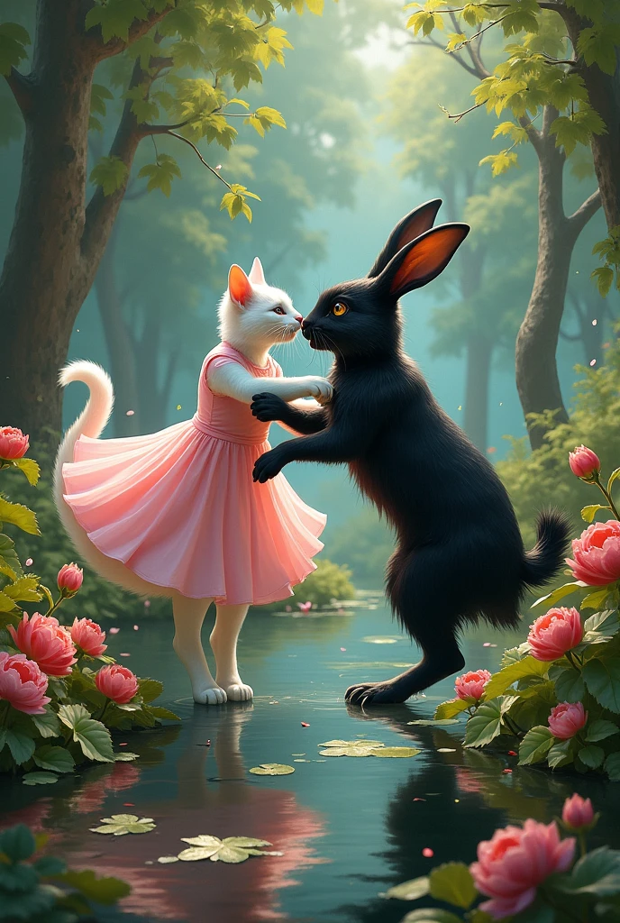 Black rabbit attacks the white beautiful cat in pink dress.in beautiful garden 