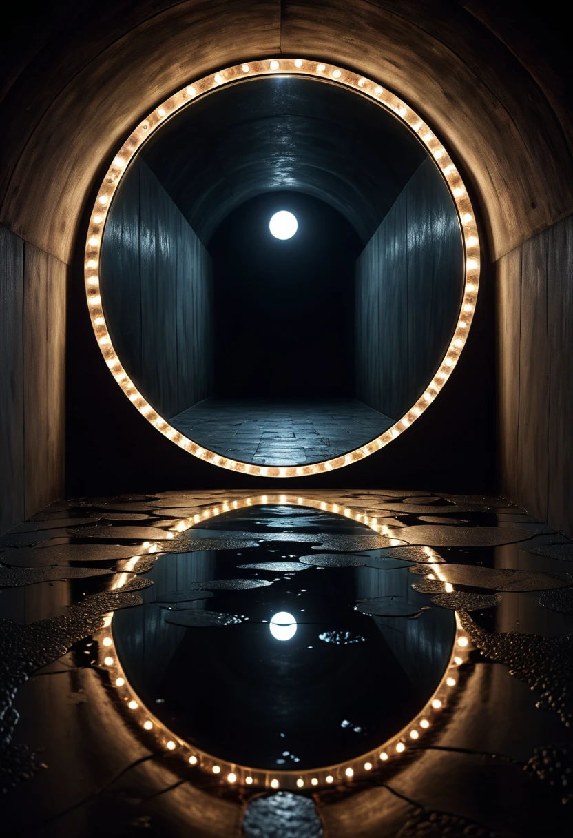 Occult, mystical, unrealistic, dark room at night, gorgeous old round mirror reflecting another small round mirror, mirror pairing, a mirror tunnel stretching to infinity within the mirror, is it a path to the afterlife or perhaps a demon's passage, dramatic, dark and shadowy, just a mirror tunnel in pitch black, high definition realistic, scary, demonic