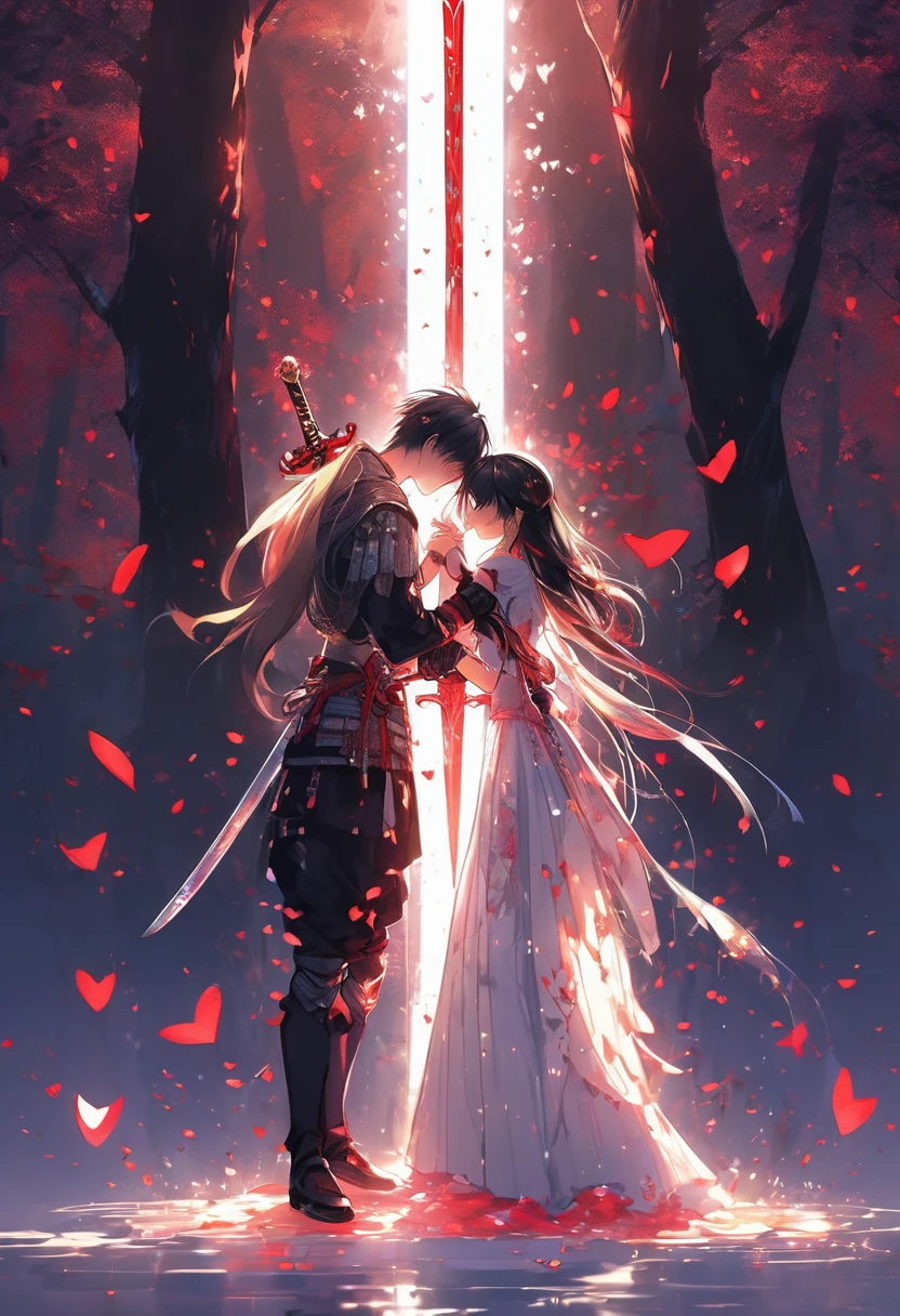 an illustrative picture of love that causes pain, couple romantic sword pierced the back,