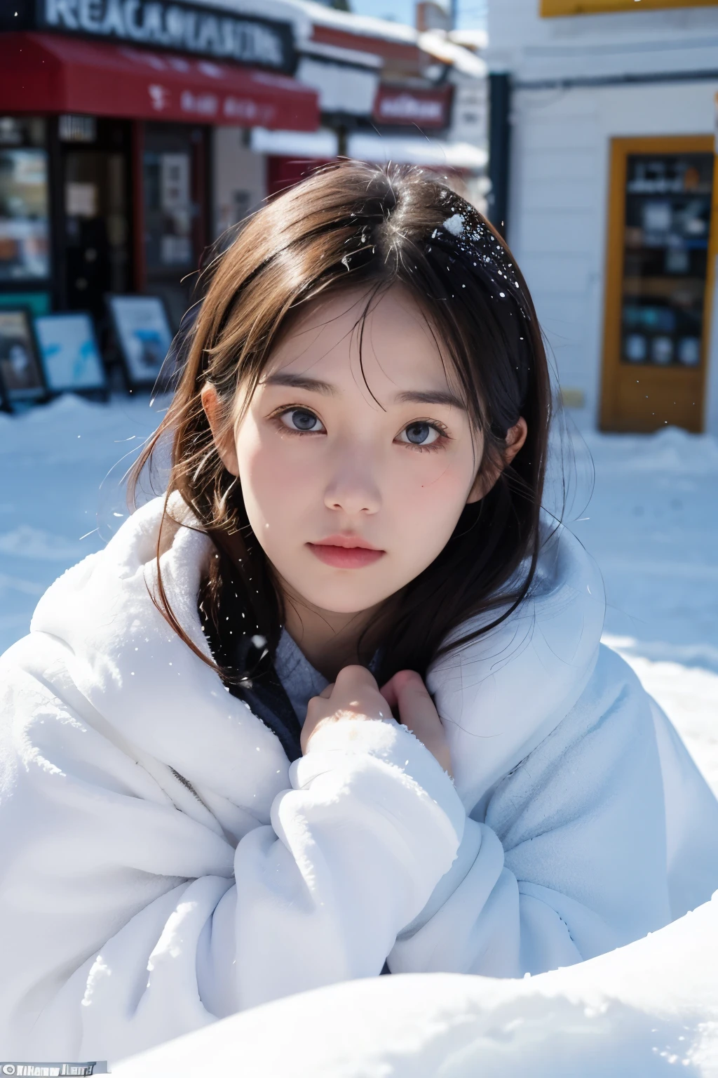There is a story behind the eyes of passers-by in a small town,Everyone comes to this cape to leave their sadness behind,It's sunny but powdery snow is falling,A city by the sea,Beautiful woman,