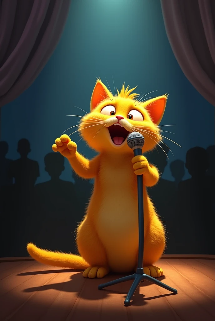 yellow cat singing with microphone