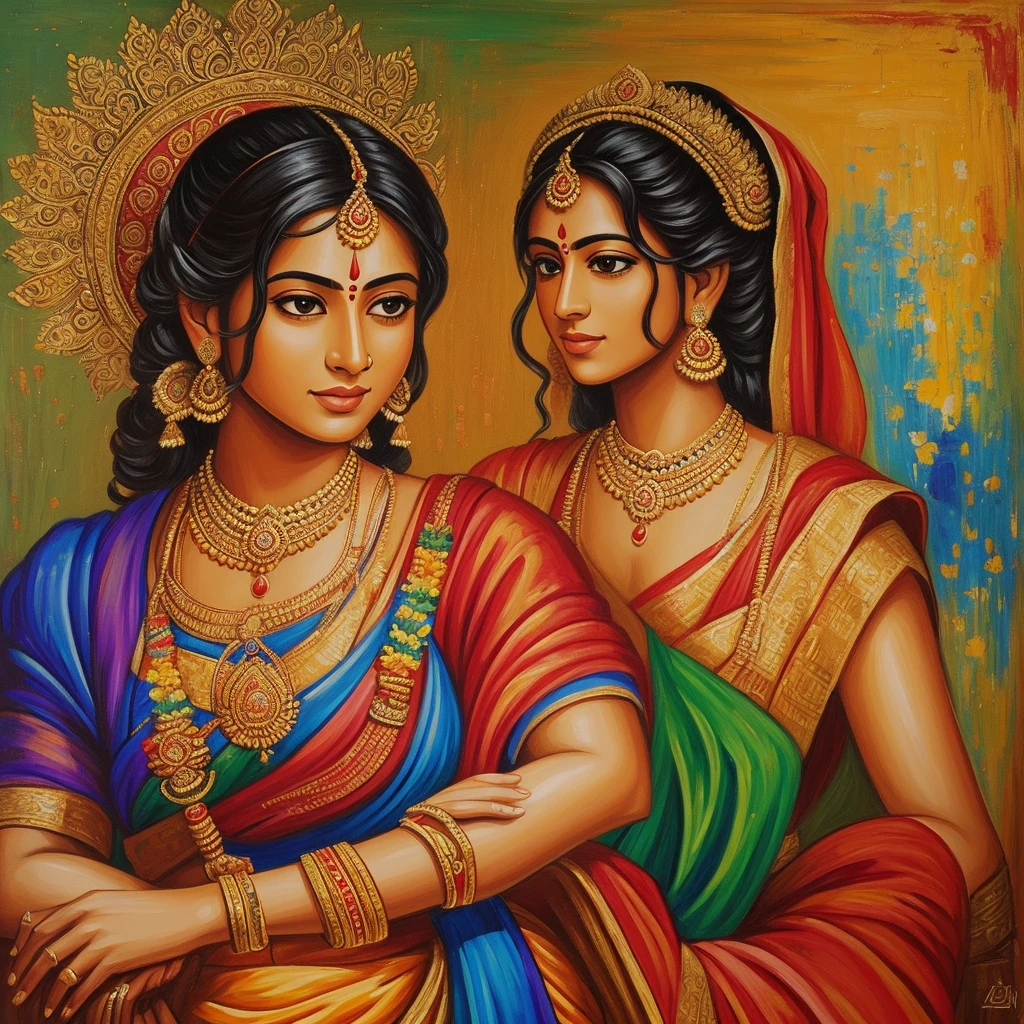 create a painting canvas with visible paint strokes. This portrait must contain a temple, a hindu temple of prayers, rich in detail, with a woman wearing a sari, typical indian costumes. strong colors, lives, energy.