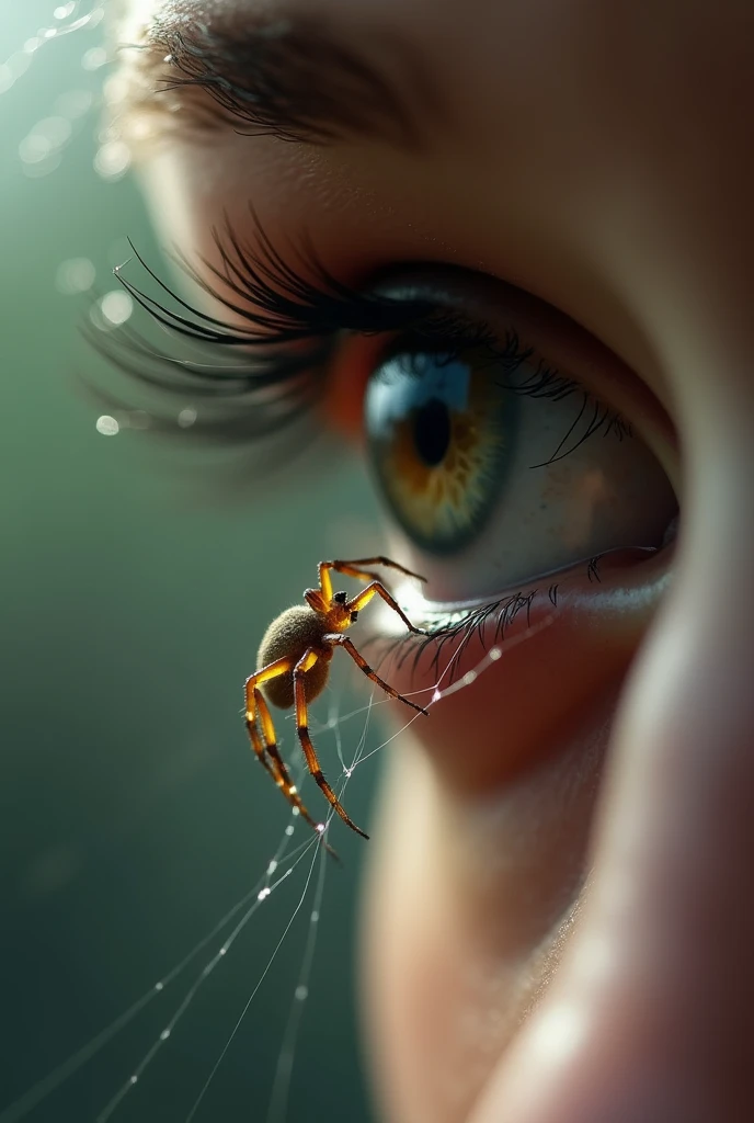 A small, life-sized spider slowly descending on its web toward a human eye. The spider should be highly detailed and realistic, with its thin legs and delicate body clearly visible. The web should be fine and almost transparent, subtly standing out against the background. The human eye should be in focus, with sharp details such as the eyelashes and the texture of the iris. The scene should convey a sense of closeness and tension, capturing the moment as the spider approaches the eye.