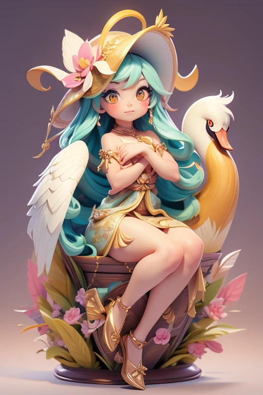 Create a picture of a little swan monster., The image should be sharp and detailed, with beautiful colors. Exotic patterns. With arms, leg, eyes, mouth, พื้นหลังสีlegว