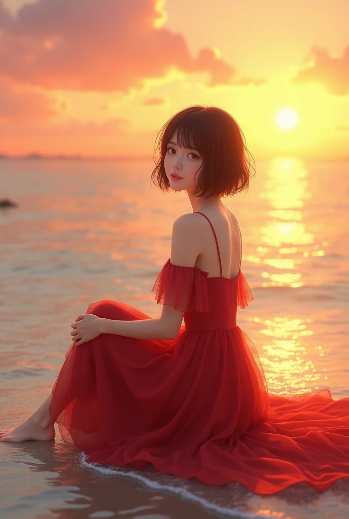 A beautiful asian girl with short brown hair and hazel green eyes, wearing a red dress without any shoes, sitting on the shore watching the sunset.