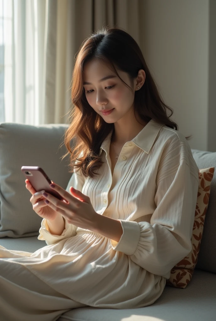 A Japanese actress is sitting on a sofa and playing with her smartphone。