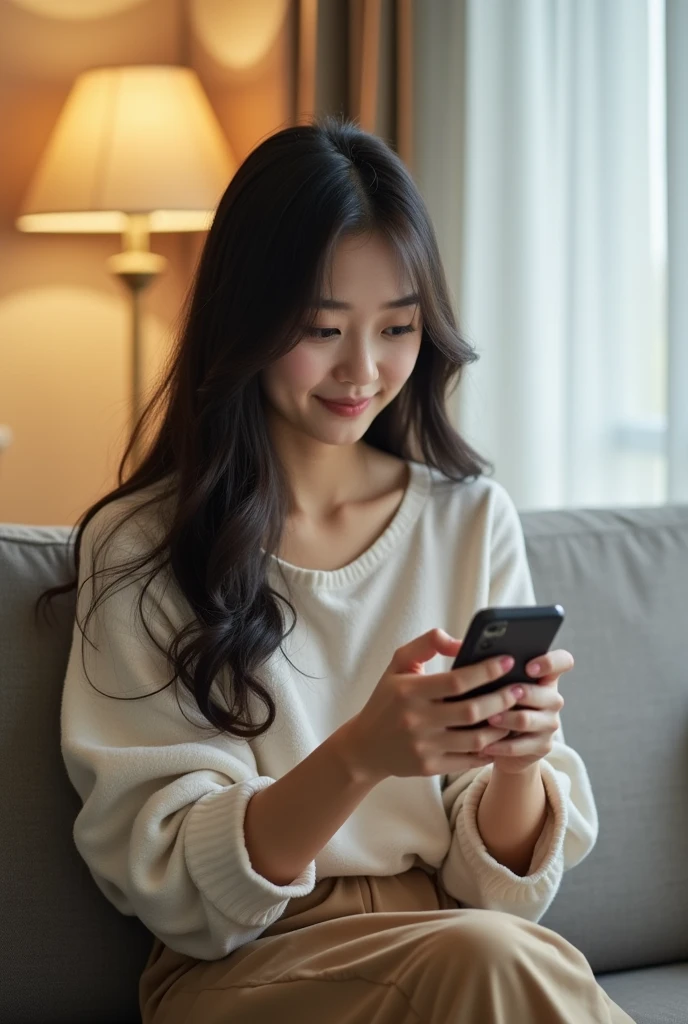 A Japanese actress is sitting on a sofa and playing with her smartphone。