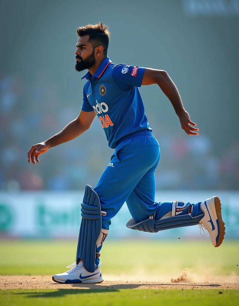 Give me a blue jersey with INDIA written on the back. Cricket player Virat Kohli wearing white sneakers. Back view. Three keyframes of action from run-up to pitch.,drop shadow, anaglyph, stereogram, tachi-e, ass pov, atmospheric perspective, 8k, super detail, best quality