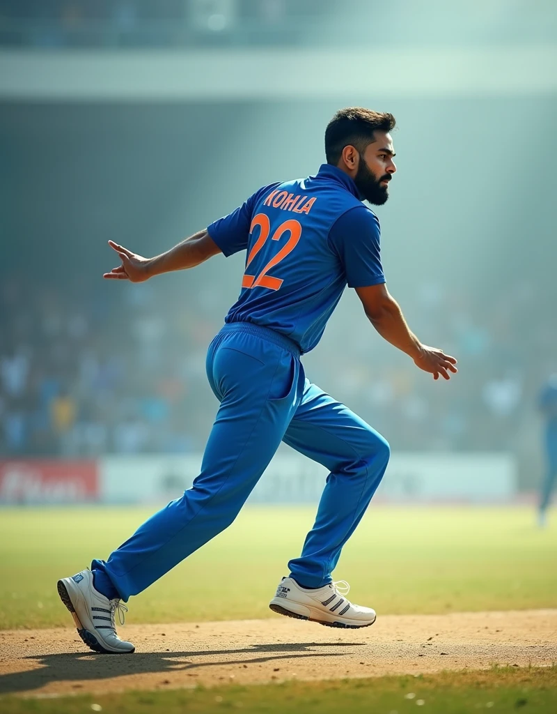 Give me a blue jersey with INDIA written on the back. Cricket player Virat Kohli wearing white sneakers. Back view. Three keyframes of action from run-up to pitch.，drop shadow, anaglyph, stereogram, tachi-e, ass pov, atmospheric perspective, 8k, super detail, best quality