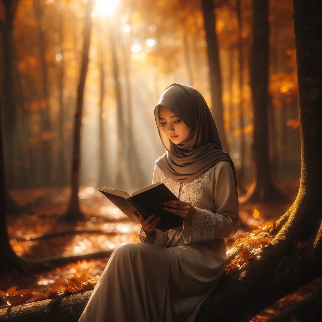 A asian woman with tunik hijab , white shoes, sits serenely on a fallen tree branch in the heart of an autumn forest,  holds a dark-colored book in her hands , realistic photography, dreamy moment 