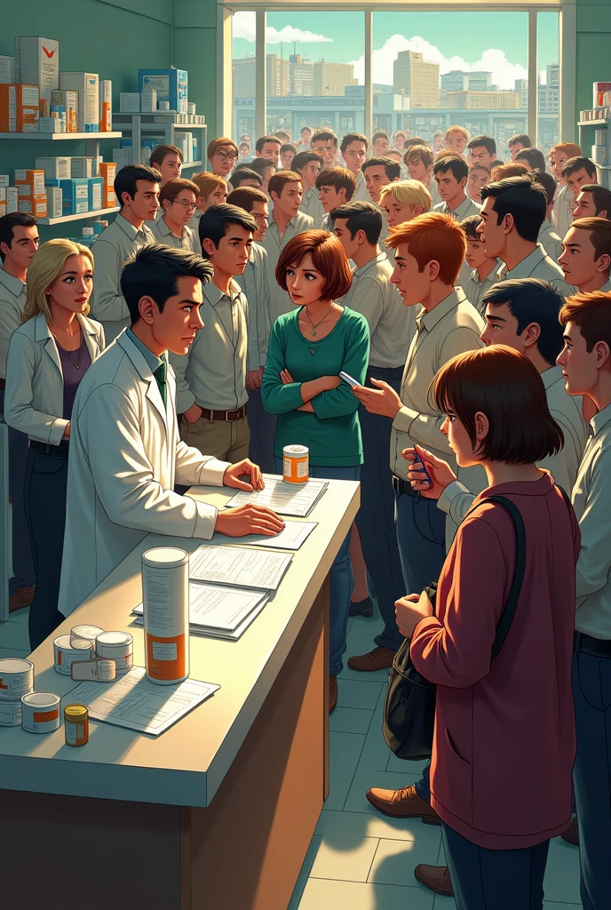 A crowded pharmacy with people waiting in line and a pharmacist behind the counter, seemingly distracted by the crowd."