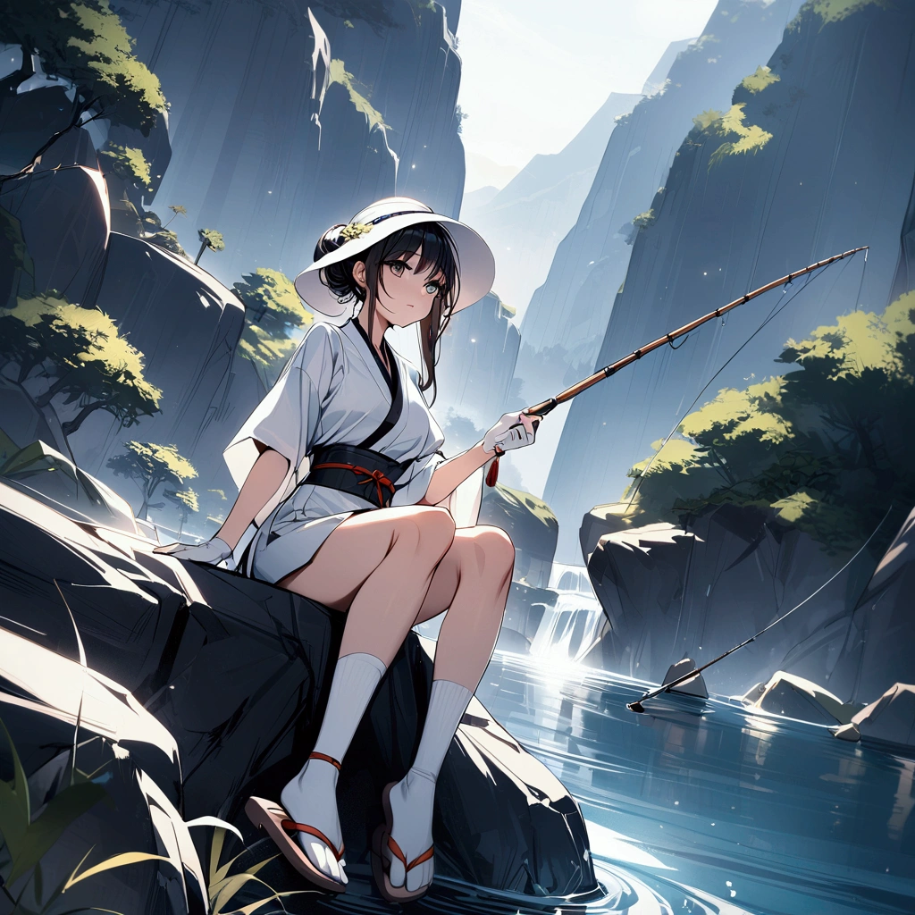 wide angle,{{masterpiece}}, {{{Highest quality}}},{{Very detailed}},Woman sitting on a rock and fishing,A young Chinese-looking female hermit fishing deep in the mountains,White attire, miniskirt,WHITE glove,carefree expression,Chinese sandals,white socks,white hat,{{beautiful eyes ,high definition eyes,beautiful eyes}},Thick Kimono Belt