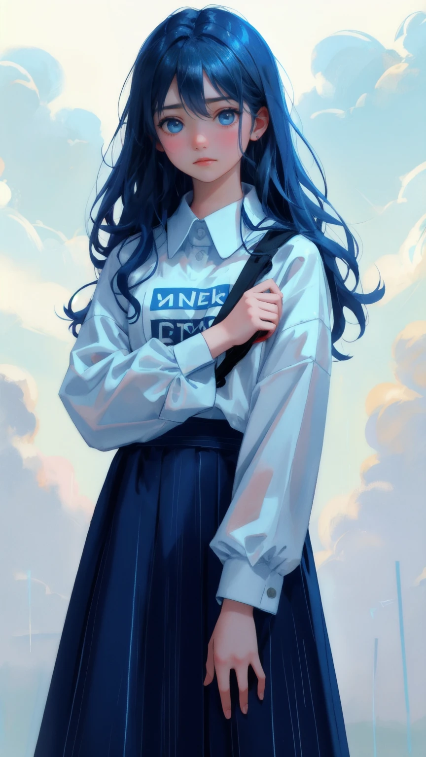 A beautiful, cute girl with a scared and lost expression, standing in the rain with a blue-toned background. The word 'Weak Hands' is written in the clouds above her, and the words 'Shakeout' are subtly imprinted on her tattered shirt. Floating around her are ghostly, fading faces with worried expressions, all in varying shades of blue, to convey the overwhelming feeling of financial anxiety.